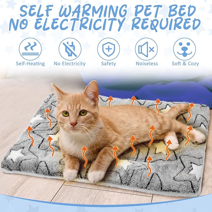 2 Pack Self Warming Cat Mat Self Heating Pad Bed Reversible Machine Washable Reflects Body Heat Warm Thermal Pet Pad Crate Blanket for Feral and Indoor Cat(Double Star,21" X 14")