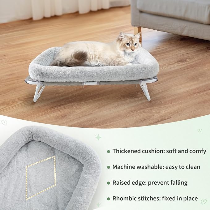 Sunhoo Elevated Cat Bed Foldable Raised Pet Hammock Self-Supporting Puppy Lounger with Off Floor Metal Frame Washable Cover for Small Dog Kitten Indoor Use 25.2x15.75x7.48 in（Grey）