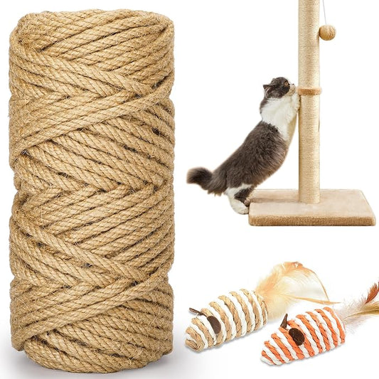98FT/30M Cat Scratching Sisal Rope, 6mm Thick Natural Jute Rope for Scratch Posts, Cat Trees, DIY Projects, Sisal Rope for Scratcher with 2 Mouse Toys (Natural, 98ft)