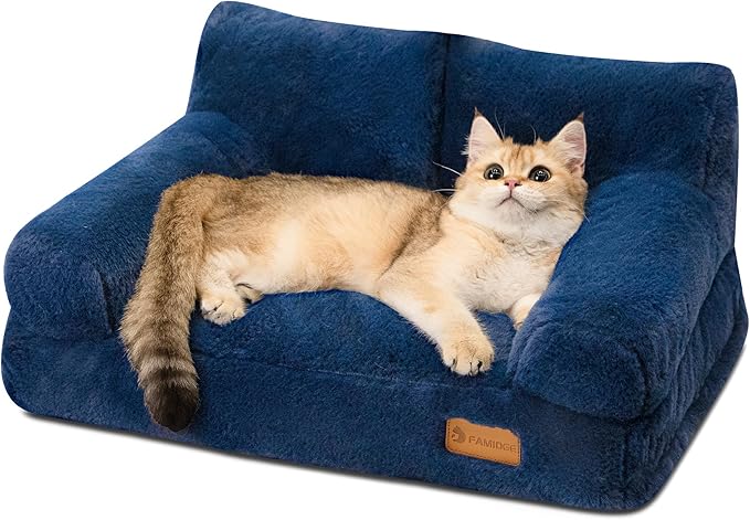 Cat Couch Bed - Cat Bed for Indoor Cats, Calming Pet Sofa Puppy Sleeping Bed with Removable Washable Cover, Cute Dog Couch and Kitty Lounge Chair for 12lbs Cats & Small Dogs(Navy Blue)