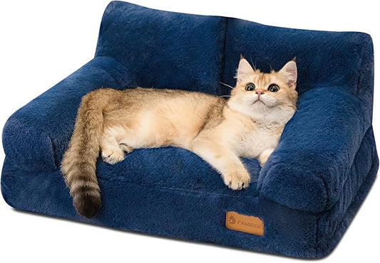 Cat Couch Bed - Cat Bed for Indoor Cats, Calming Pet Sofa Puppy Sleeping Bed with Removable Washable Cover, Cute Dog Couch and Kitty Lounge Chair for 12lbs Cats & Small Dogs(Navy Blue)