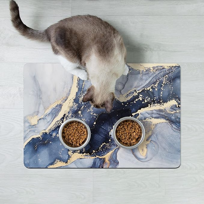 Rnivvi Dog Food Mat, 12" x 19" Marble Absorbent Dog Cat Bowl Mat for Food and Water, Cute Anti-Slip Rubber Pet Feeding Rug Protect Floors, Puppy Placemat for Feeding & Watering Supplies, Grey