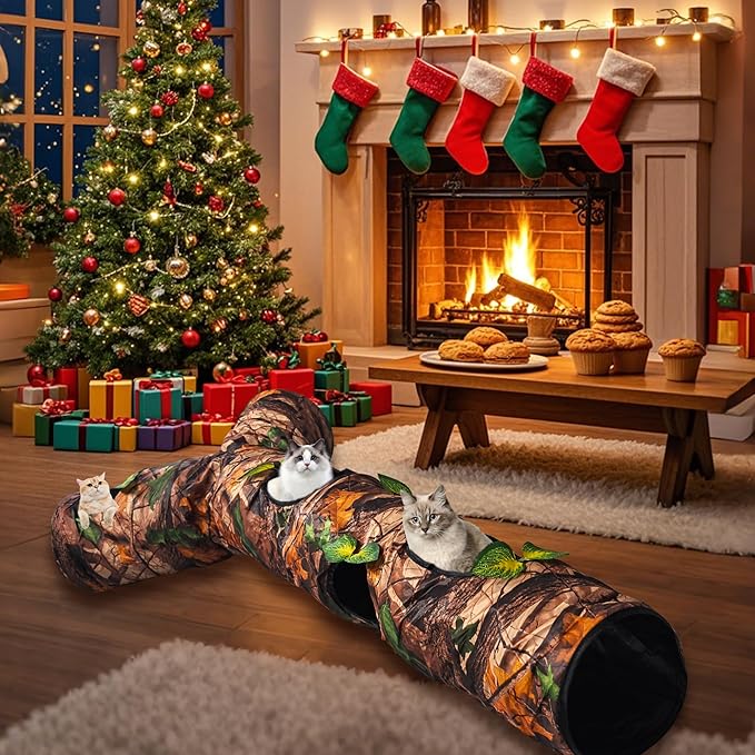 Cat Tunnel,59" Large Y-Shape Cat Cave with 3 Rustle Channels & Leaves, Portable Cat Bed Toy for Indoor Kittens & Small Pets to Chase and Play, Easy Storage (Brown)