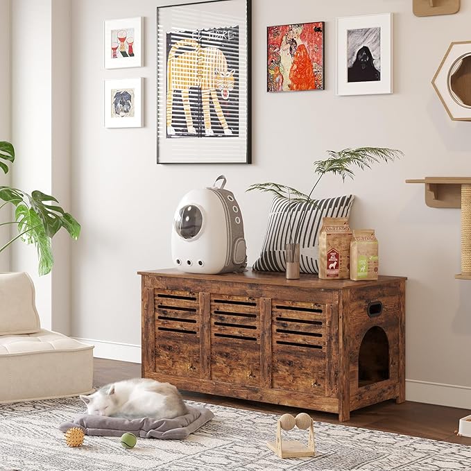 DINZI LVJ Litter Box Enclosure, Flip Top Litter Box Furniture, Hidden Cat Washroom, Wooden Cat House, End Table, 39.4" L x 19.7" W x 19.7" H, Good Ventilation, Easy to Assemble, Rustic Brown