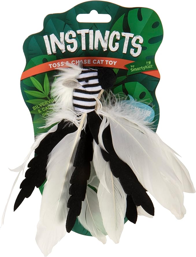 SmartyKat Instincts HappyNip Zingy Zebra Feathered Toss & Chase Interactive Cat Toy, Contains Catnip & Silvervine - White/Black, One Size