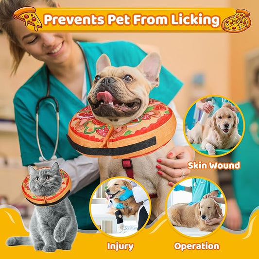 Grand Line Pizza Inflatable Collar for Dog and Cat, Soft Protective Recovery Cone After Surgery, Blow up Pet Donut Collar Cone, E-Collar Alternative Does not Block Vision (Cartoon, Medium)