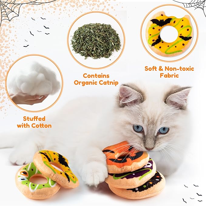 L1rabe Halloween Donut Catnip Stuffed Toys - 5 Funny Pumpkin Bat Spider Dessert Cat Toys Pet Supplies, Indoor Cats Chew Bite Teething Tools Kittens Catmint Birthday Interactive Supplies