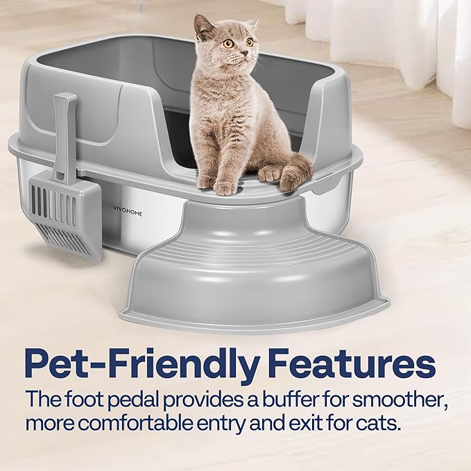 VIVOHOME XL Stainless Steel Cat Litter Box with Cover and Steps, 23'' x 17'' x 12'' Large Metal Litter Box for Cats with Scoop, Easy to Clean, Non-Slip, Ideal for Big or Multiple Cats, Light Gray