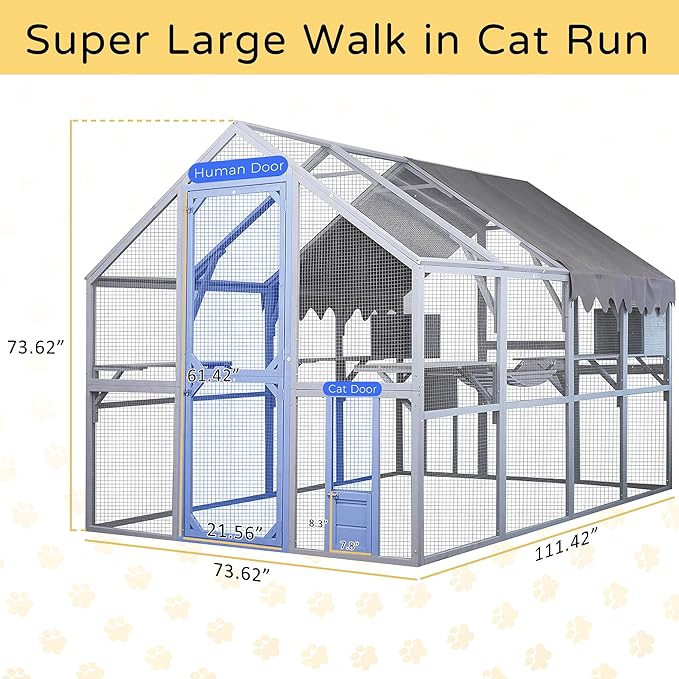 Catio Outdoor Cat Enclosure House Large for Multiple Cats, Wooden Cat Condo Cage for Outside with Waterproof Roof, Playpen, Resting Box, Platform, Bridges, Doors, 111”x74”x74”, Gray