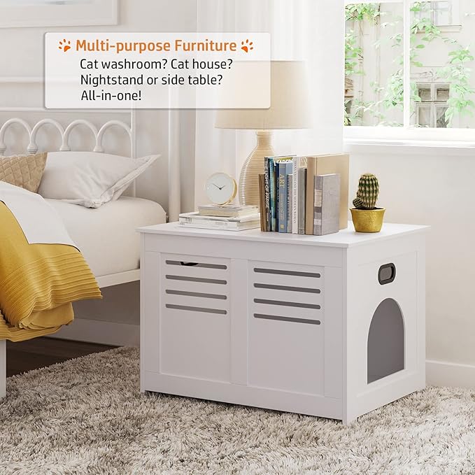 DINZI LVJ Litter Box Enclosure, Flip Top Litter Box Furniture, Hidden Cat Washroom, Wooden Cat House, End Table, 31.5" L x 19.7" W x 19.7" H, Good Ventilation, Easy to Assemble, White