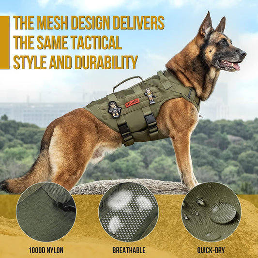 OneTigris No Pull Tactical Dog Harness for Large Dogs, Aire Mesh Harness Breathable Military Dog Molle Vests with Handles, Service Dog Vest Harness for Walking Hiking Training Green