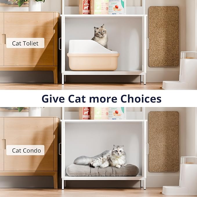 Cozy Castle Litter Box Enclosure, 57'' Cat Litter Box Furniture with Large Cabinet, Shelves and 4 S-Hooks, Hidden Cat House for Most of Litter Boxes, Wooden Pet Washroom Indoor, White