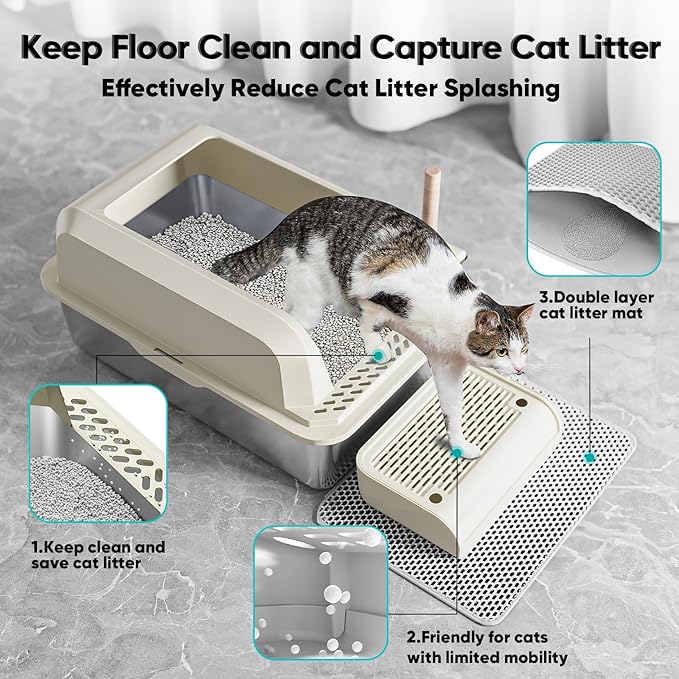 Stainless Steel Cat Litter Box with Lid, XL Large Litter Box for Big Cats, Enclosed Kitty Litter Pan with High Sides, Anti-Leakage&Non-Stick, Easy to Clean, Included Scoop, Aisle and Mat Beige