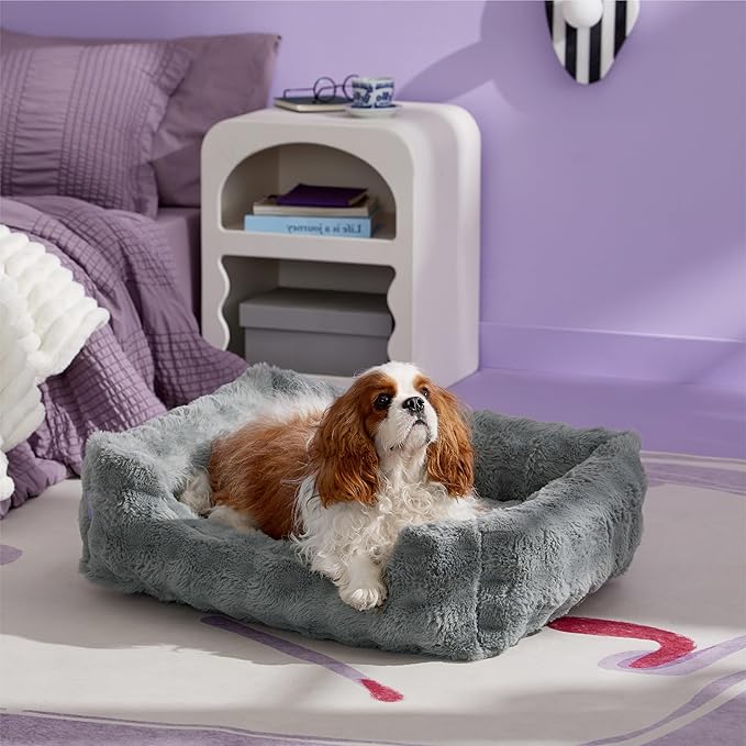 Lesure Fluffy Dog Beds for Medium Dogs - Rectangle Orthopedic Calming Pet Sofa,Plush Bubble Bolster Pet Bed with Removable Washable Cover and Nonskid Bottom,30x24x8inches,Grey
