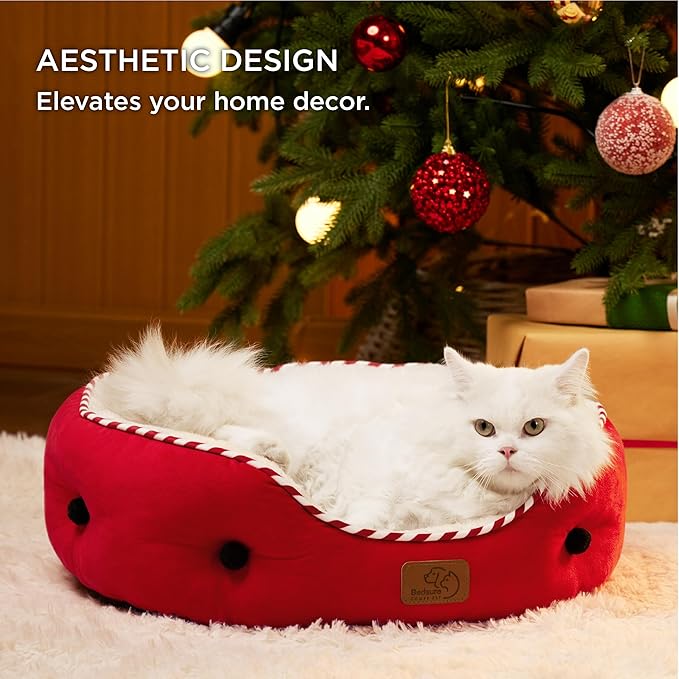 Bedsure Dog Beds for Small Dogs - Round Cat Beds for Indoor Cats, Washable Pet Bed for Puppy and Kitten with Slip-Resistant Bottom, 20 Inches, Antique Red