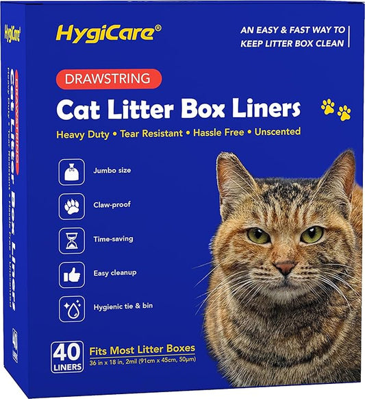 Pre-separated Cat Litter Box Liners, Jumbo Size, Heavy Duty, Sturdy Drawstring, Tear Resistant, Claw-proof, Unscented, 36"x18", 40 Count