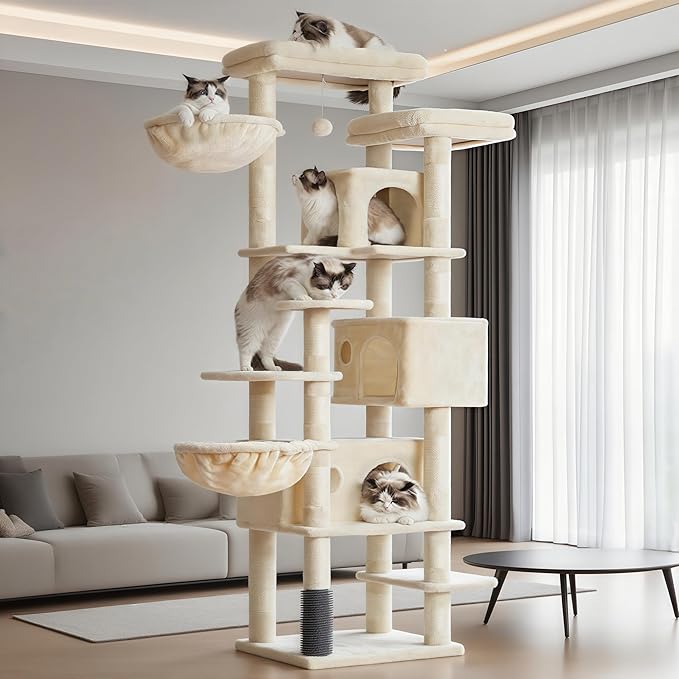 Hey-brother Cat Tree, 74 inches Multi-Level XL Large Cat Tower for Indoor Cats with Three Cat Condos, Two Large Top Decks and Cat Hairbrushfor Kittens, Cats and Pets, Beige MPJ035-MM