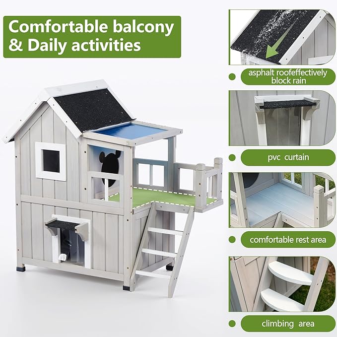 Outdoor Cat House, Cat Shelter for Feral Cats, Weatherproof 2-Story Wooden Cat House with Escape Door for 2-3 Cats