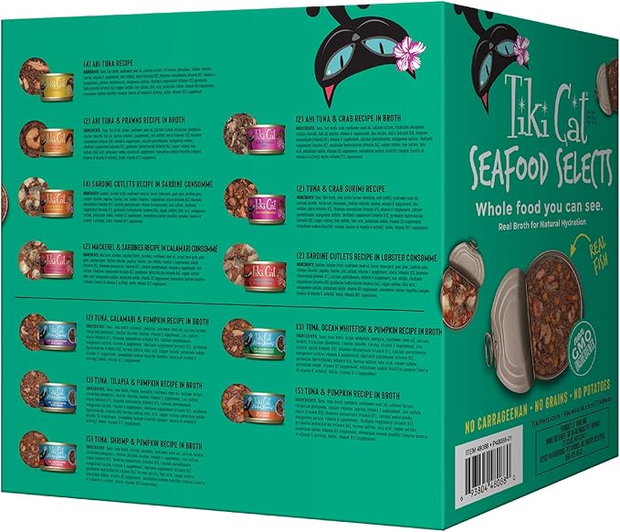 Tiki Cat Seafood Selects, Ultimate Variety Pack, 36 High Protein Servings with Real Flaked Fish, Wet Cat Food Mega Pack, 2.8 and 3 oz. Cans (Pack of 36)