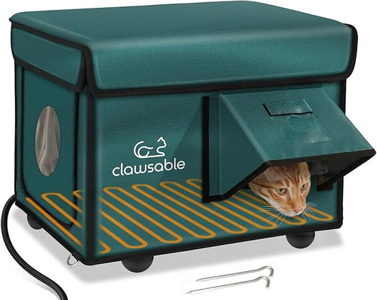 Indestructible Heated Cat House for Outside Cats Winter, 100% Weatherproof, Safe Escape Door, Insulated Outdoor Cat Shelter with Heater for Feral Barn Cat Kitty (Forest Green, 12"x16"x14")