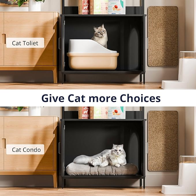 Cozy Castle Litter Box Enclosure, 57'' Cat Litter Box Furniture with Large Cabinet, Shelves, Hidden Cat House for Most of Litter Boxes, Wooden Pet Washroom Indoor, Black, No-Hook