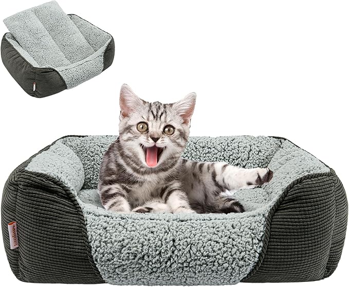 Miguel Washable Cat Bed for Indoor Cats With Removable Cushion, Easy to Wash Small Pet Sofa With Side, Rectangle Bolster Kitten Calming Cuddle Puppy Bed, Anti-Slip Bottom, Gray 18 Inch