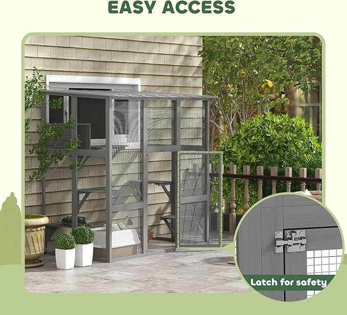 PawHut Catio Outdoor Cat Enclosure Window Box, Wooden Cat House Playground with Scratching Posts, Weather Protection Roof for 1-2 Kitties, Resting Boxes, 68" x 35.5" x 70.5", Gray