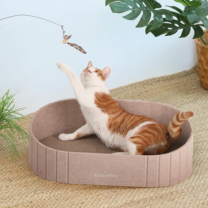 FUKUMARU Cat Scratcher, 24 Inch Sofa Shape Cat Scratching Bed, Reversible Detachable Cats Scratching Board, Round Cats Scratch Pads Refill Indoor, Beige