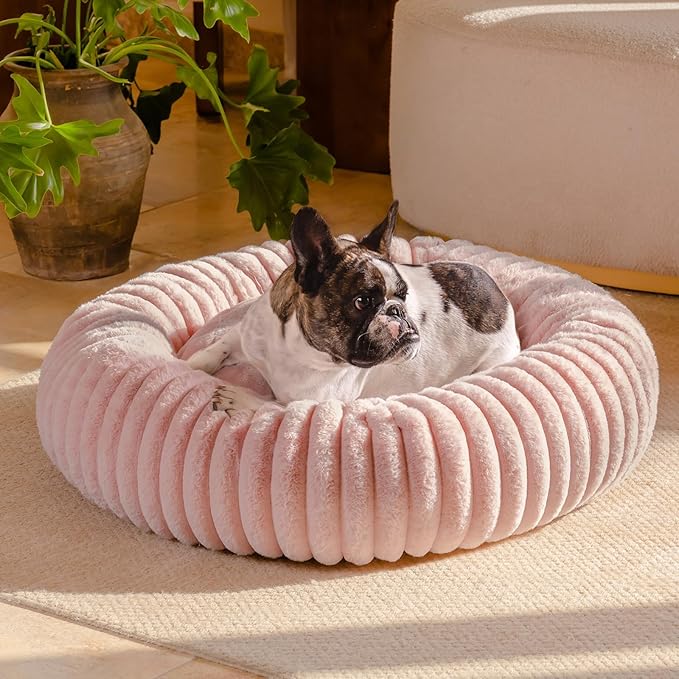 MEWOOFUN Donut Dog Beds for Small Dog, Calming Bed Round Cute Puppy Bed with Non-Slip Bottom, Fluffy Washable Pet Bed for Puppy and Kitten (Pink, M (30x30x8))