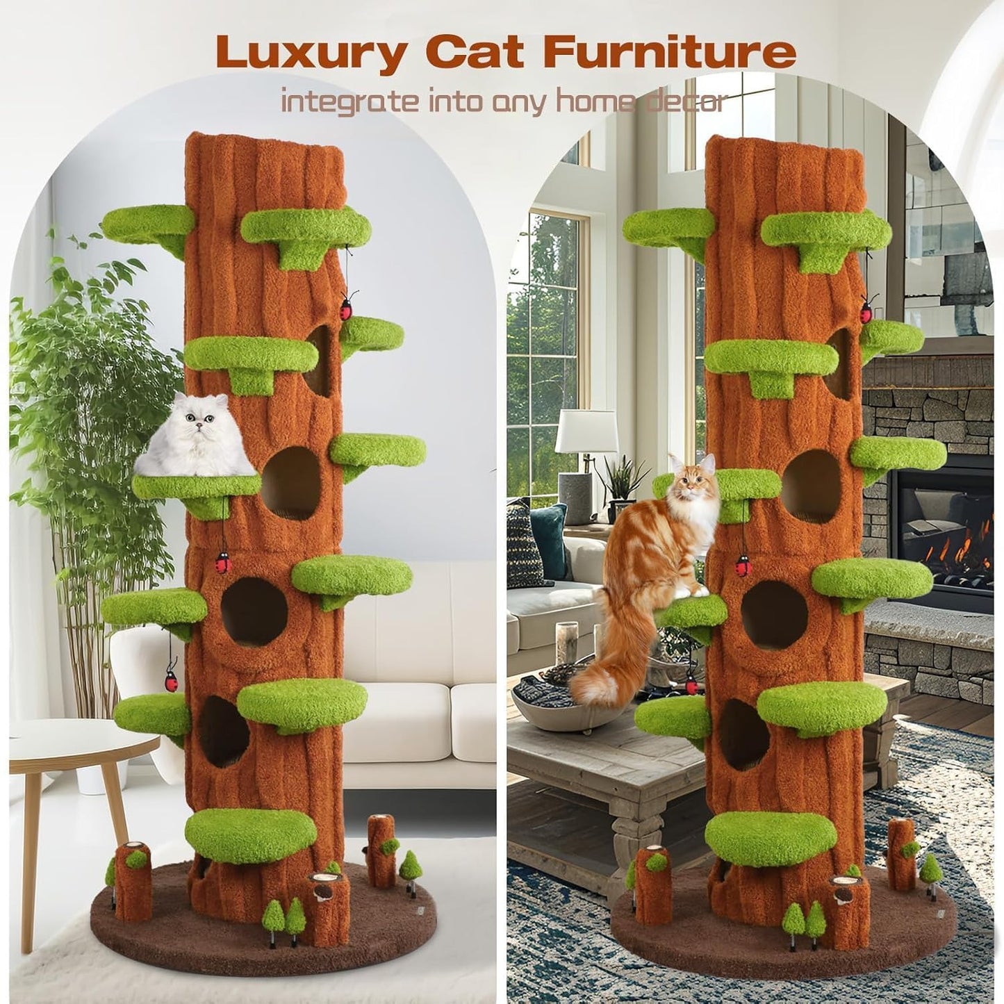 Extra Large Cat Tree Tower,90.55" Tall Forest Theme Cat Condo for Indoor Cats,Multi-Level Luxury Huge Cat Condo with Scratching Mats,Removable Mats,Heavy Duty House with Toys for Multi-Cat Household