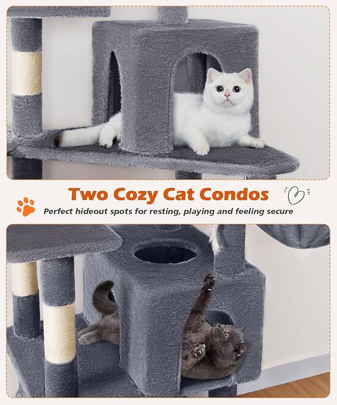 AMHANCIBLE Cat Tree, 70 Inch Tall for Indoor Adult Cats, Large Multi-Level Tower with Scratching Post, Hammock, Condos, Hanging Basket, Activity Center to Play and Sleep, Grey, PT18GY