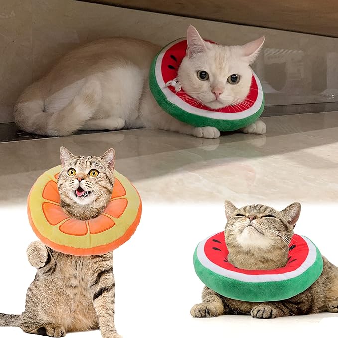 2 Pcs Adjustable Cat Cone Collar Soft Small Cute Cat Recovery Donut Collar After Surgery Orange Watermelon Elizabethan Kitten Neck Cones for Small Dogs Pet, Fruits Shaped, Under 7 lbs