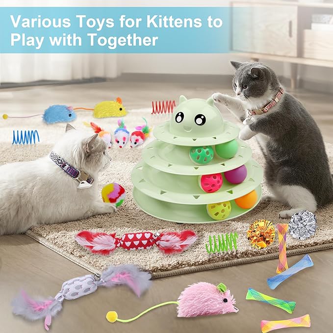 UPSKY 24 PCS Cat Toys, 3-Level Turntable Kitten Toys Set, Interactive Cat Roller Toys for Indoor Cats, Catnip Toys, Cat Teaser Toys, Mice Toys, Spring Toys, Various Ball Toys for Kitty.