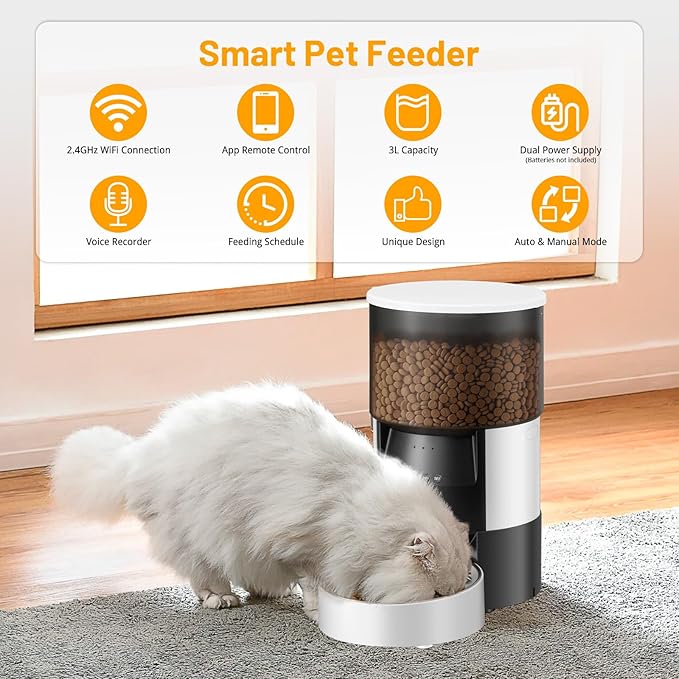 Automatic Cat Feeder, 2.4Ghz WiFi Timed Dog Food Dispenser with APP Control, 3L Auto Dry Food Feeders for Pets, Programmable Portion Control, 10 Meals/Day, 10s Voice Recorder (WiFi)
