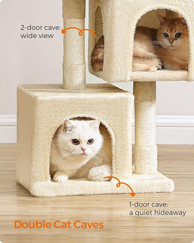 Feandrea Cat Tree, 26.4-Inch Cat Tower, S, Cat Condo for Kittens up to 7 lb, Large Cat Perch, 2 Cat Caves, Scratching Post, Beige UPCT611M01