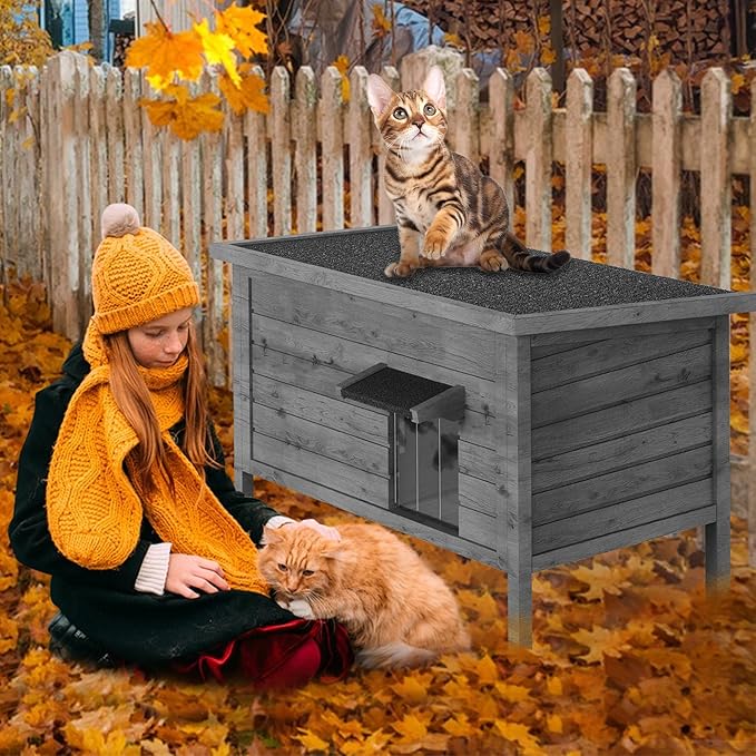 Cat House Outdoor Feral Cat Shelter Fully Insulated Outside Feral Cat Enclosure Wooden for Multiple Cats Possum Stray Condos Barn Cat Weatherproof Cathouse 34.4" L x 21.7" W x 27.2" H