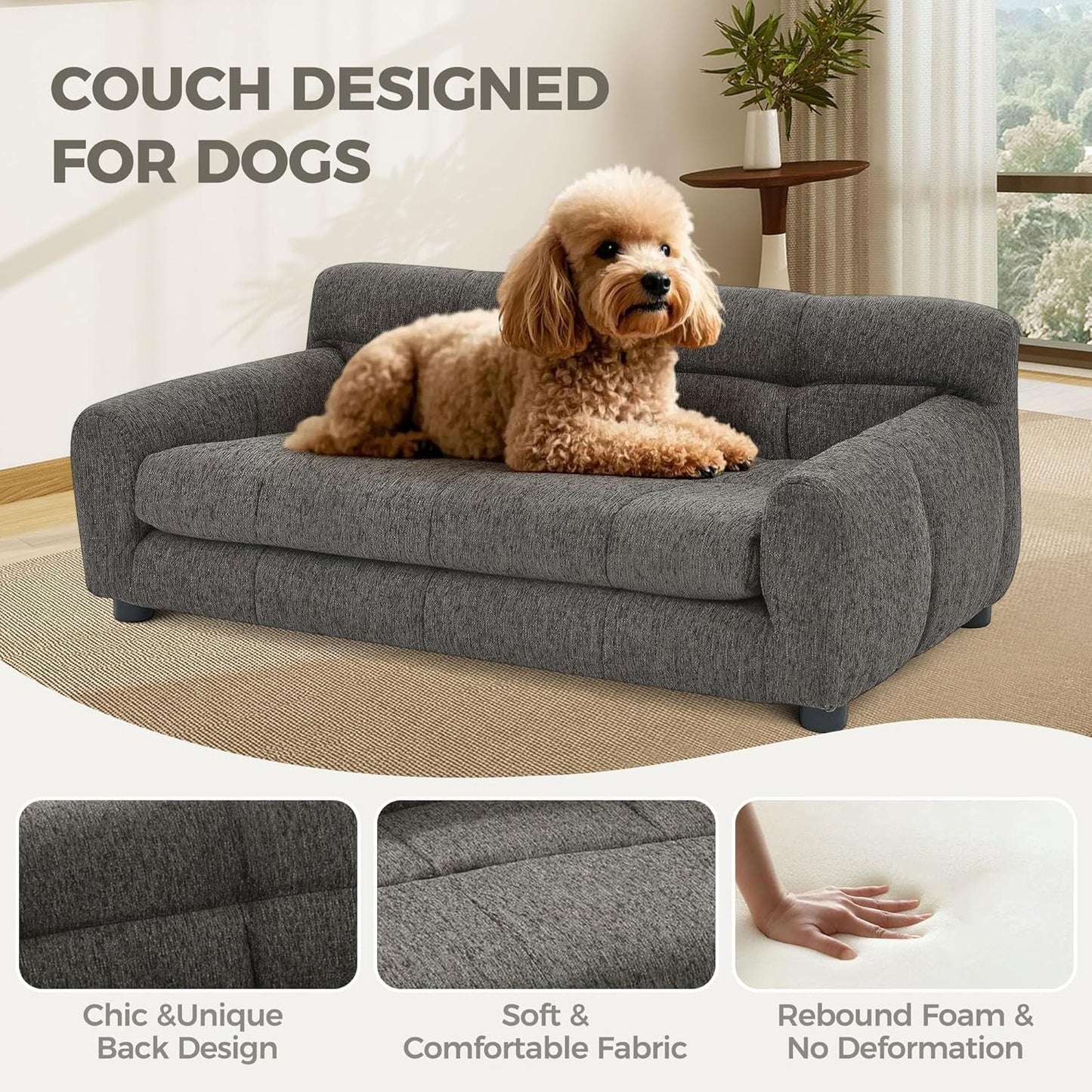 Dog Couch Bed, Mini Sofa for Dogs with Backrest and Armrest, Durable Pet Sofa with Soft Foam Cushion, Elevated Dog Couch Bed with Legs for Medium and Large Dogs, Stone Grey