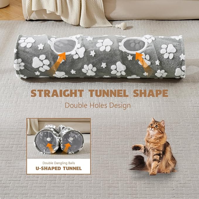 Straight Cat Tunnel for Indoor Cats 47"x12", Cute Cat Toys Collapsible Tunnel Tube with Balls for Puppy Kitten Rabbit, Grey Paw