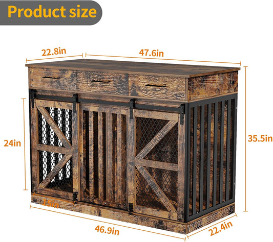 48'' Dog Crate Furniture with Removable Divider & Storage Drawers, Wooden Double Dog Cage TV Stand with 2 Sliding Barn Doors, Multi-Functional Dog Crate End Table for Indoor use (Retro Brown)