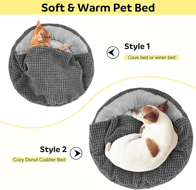 SIWA MARY Dog Bed with Attached Blanket for Small Dogs or Cats, Soft Plush Cozy Donut Cuddler Hooded Pet Beds Washable. Round Puppy Bed Orthopedic, Calming Cat Cave Bed. Anti-Slip Bottom 26inch