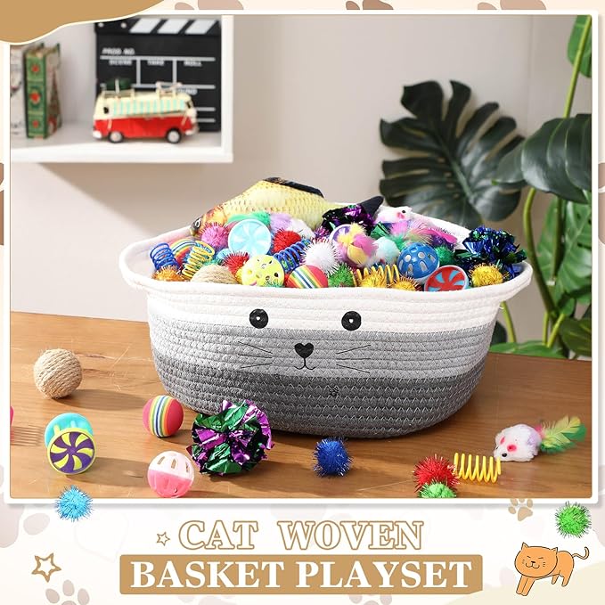 Zopeal 58 Pcs Cat Storage Basket Gift Toys Set, Colorful Flashing Balls Pet Bell Crinkle Balls Spring Toys Attract Cat to Swat, Bite, Hunt, Interactive for Pet (Multicolor,12 Inch)