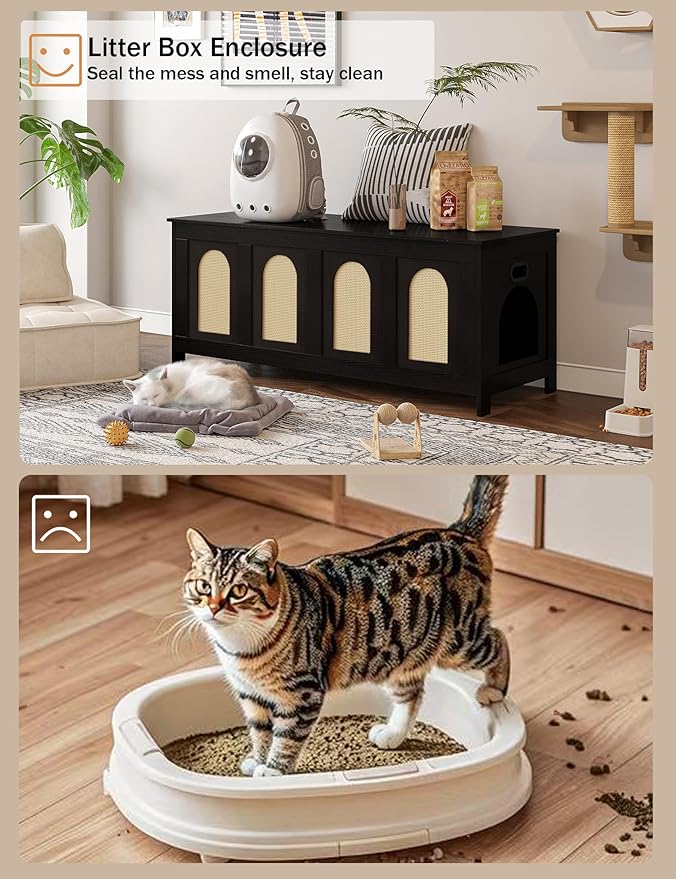 DINZI LVJ Cat Litter Box Enclosure, Flip Top Litter Box Furniture, Rattan-Like Hidden Cat Washroom, Wooden Pet House, End Side Table, 47.2"L x 18.7"W x 19.7"H, Easy to Assemble, Espresso with Rattan