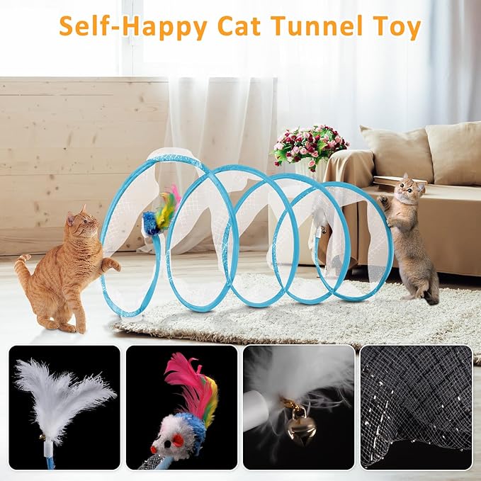 2-Piece Spiral Cat Tubes for Indoor Cats, Large Collapsible Tunnel with Feather Mouse Interactive Toy (Green + Blue)