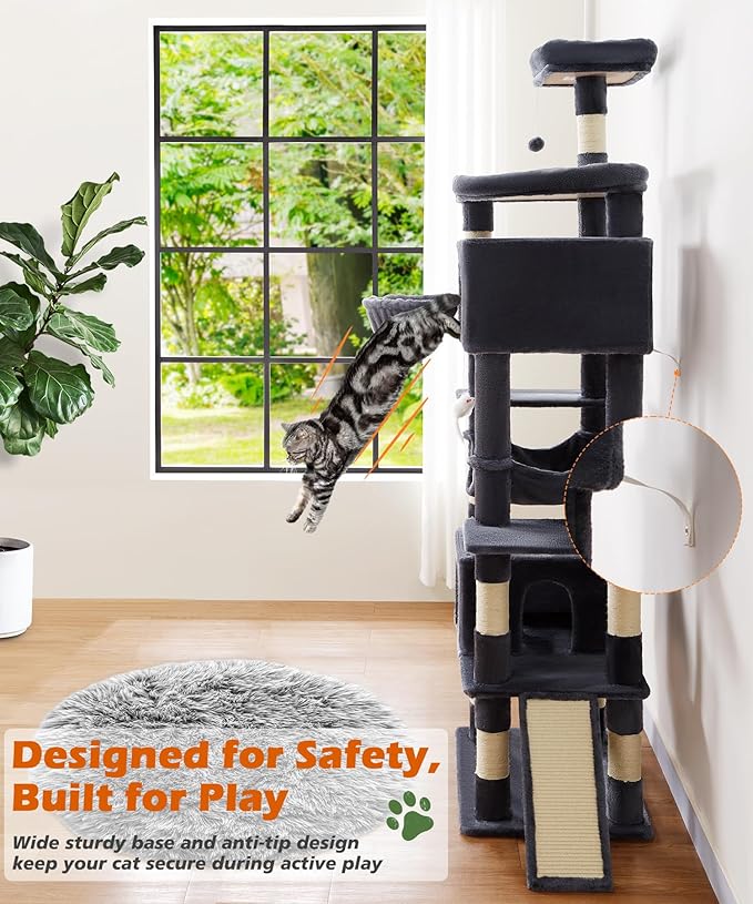 AMHANCIBLE Large Cat Tree, 83 Inch Multi-Level Tall Tower for Indoor Adult Cats, with Scratching Post and Board, Hammock, Condos, Hanging Basket, Activity Center to Play and Sleep, Dark Grey, PT21DG