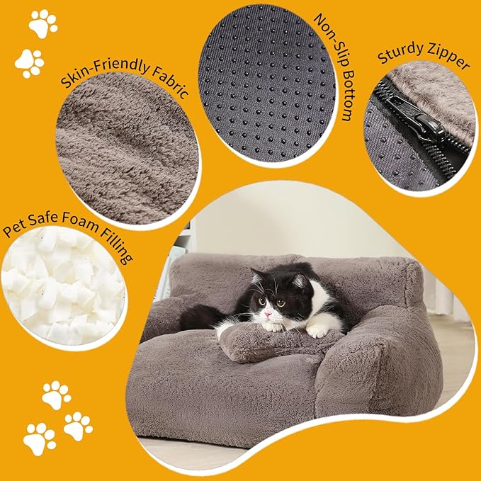 Extra Wide Fluffy Cat Bed, Small Dog Bed with Bone Shaped Pillow, Anti-Anxiety Pet Couch with Washable Cover, Brown