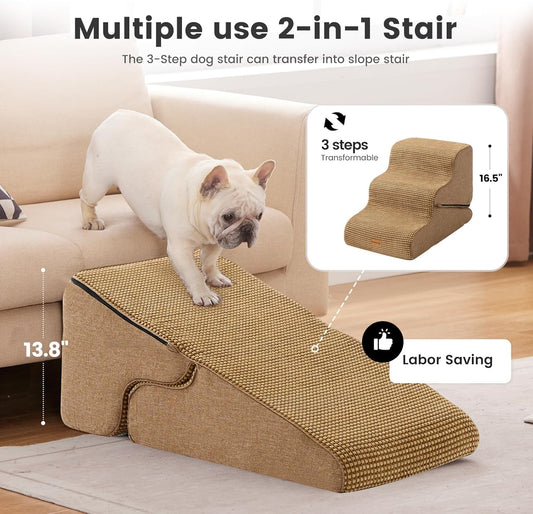 Gardner Pet Dog Stairs for Small Dogs 16.5" H, 2 in 1 Transformable 3-Step Pet Stairs and Dog Ramp for Couch (13-20 in), Brown Adjustable Pet Steps with Non-Slip Waterproof Cover and CertiPUR-US Foam