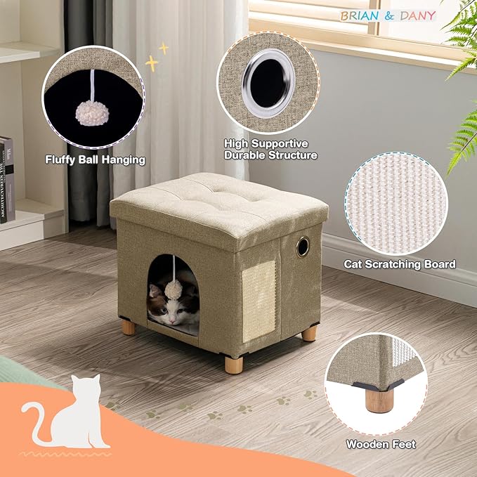 BRIAN & DANY Foldable Cat House for Indoor Cats, Large Cat Cube for Pet Cave with Scratch Board & Ball, 14.7" x 14.1” x 12.7”, Light Khaki