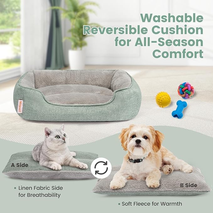Miguel Faux Linen Dog Bed with Removable Cushion Pillow for Medium Small Dogs, Washable Pet Bed with Side Easy to Wash Puppy Bed, Rectangle Cat Bed for Indoor Cat with Anti-Slip Bottom, Green 25 Inch