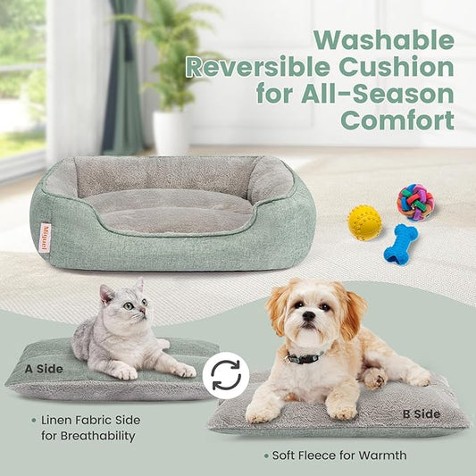 Miguel Faux Linen Dog Bed with Removable Cushion Pillow for Medium Small Dogs, Washable Pet Bed with Side Easy to Wash Puppy Bed, Rectangle Cat Bed for Indoor Cat with Anti-Slip Bottom, Green 35 Inch
