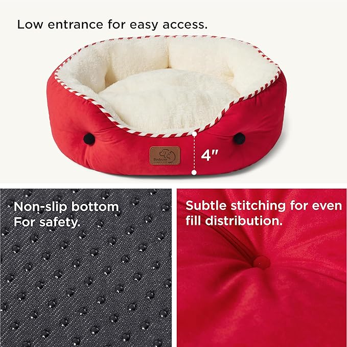 Bedsure Dog Beds for Small Dogs - Round Cat Beds for Indoor Cats, Washable Pet Bed for Puppy and Kitten with Slip-Resistant Bottom, 20 Inches, Antique Red